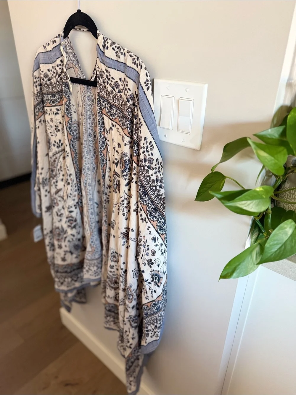 Patrons of Peace Boho Floral Kimono in Cream and Blue, Small
